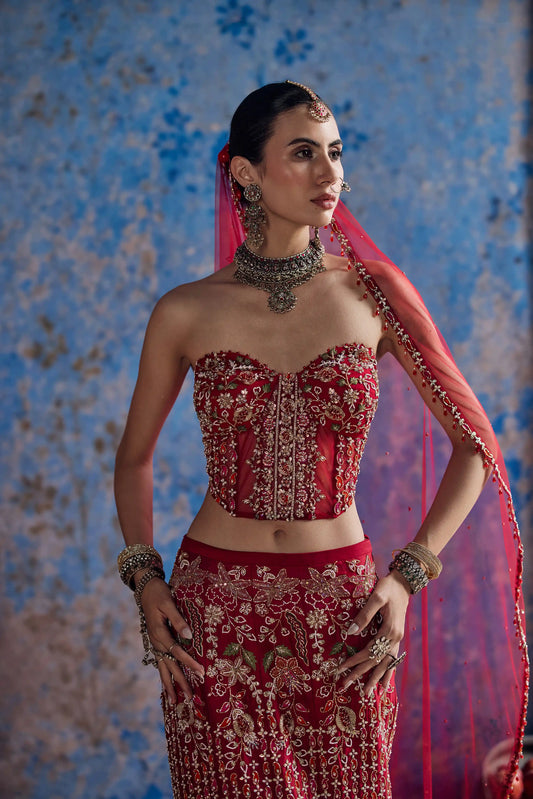SURKH FISH CUT LEHENGA SET